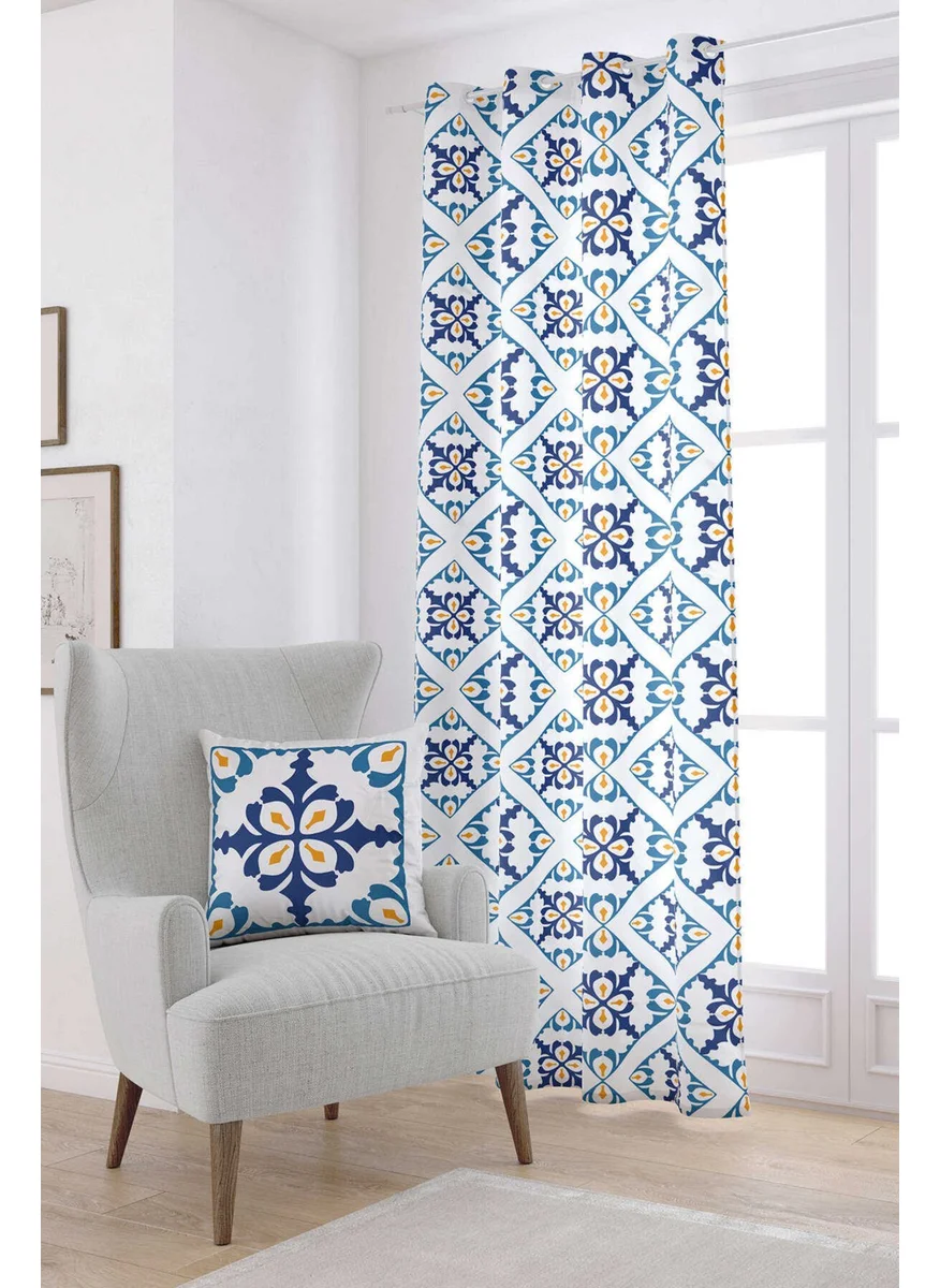 Cango Home White Blue Modern Ethnic Tile Patterned Digital Printed Curtain CGH576-PR