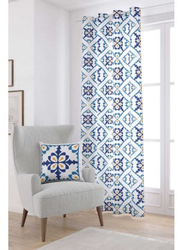 Cango Home White Blue Modern Ethnic Tile Patterned Digital Printed Curtain CGH576-PR  - Image 1
