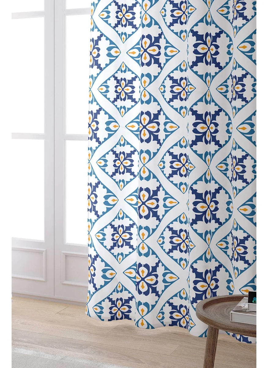 Cango Home White Blue Modern Ethnic Tile Patterned Digital Printed Curtain CGH576-PR