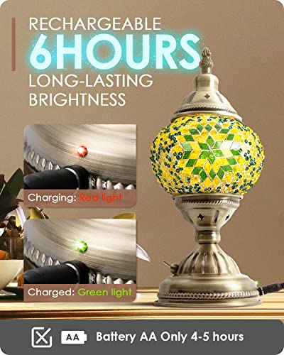 Yarra-Decor Turkish Moroccan Lamp with Bronze Base Handmade Tiffany Mosaic Glass Lamps Portable Bedside Lamps with Rechargeable Battery 2000mAh (LED Bulb Included) (Green2) - Image 2