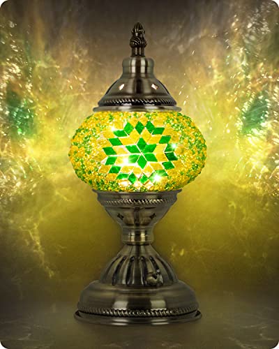 Yarra-Decor Turkish Moroccan Lamp with Bronze Base Handmade Tiffany Mosaic Glass Lamps Portable Bedside Lamps with Rechargeable Battery 2000mAh (LED Bulb Included) (Green2) - Image 1