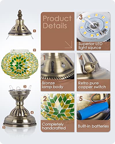 Yarra-Decor Turkish Moroccan Lamp with Bronze Base Handmade Tiffany Mosaic Glass Lamps Portable Bedside Lamps with Rechargeable Battery 2000mAh (LED Bulb Included) (Green2) - Image 3