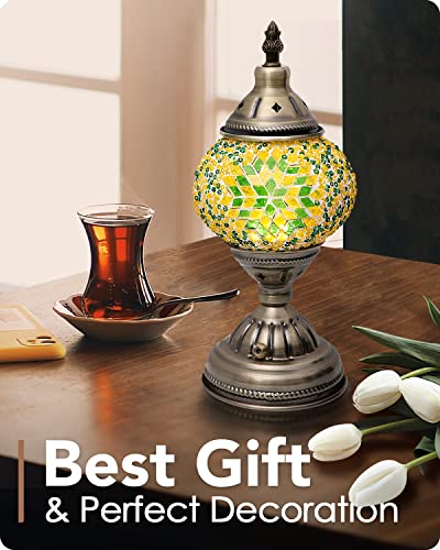Yarra-Decor Turkish Moroccan Lamp with Bronze Base Handmade Tiffany Mosaic Glass Lamps Portable Bedside Lamps with Rechargeable Battery 2000mAh (LED Bulb Included) (Green2) - Image 5