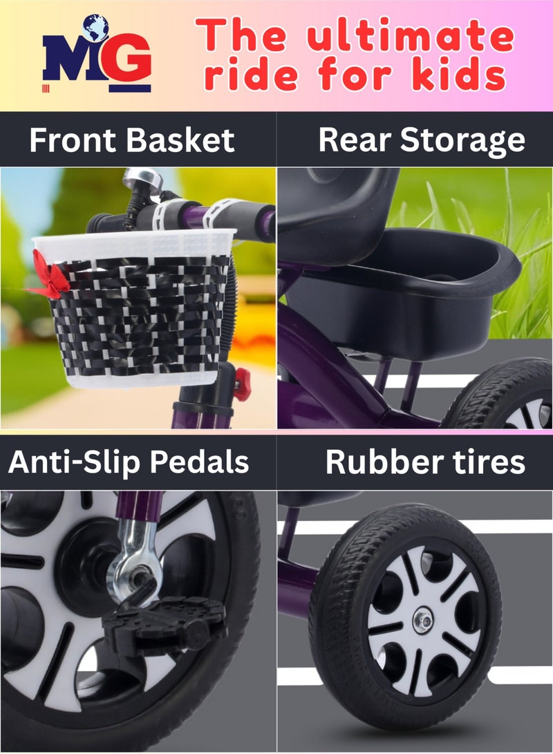 MG Kids Tricycle with Basket & Rear Storage | 3-Wheel Bike for 2-5 Years Toddlers | Durable Steel Frame | Anti-Slip Pedals | Comfortable Seat with Backrest | Bell & Accessories | Indoor & Outdoor Ride-On Toys - Image 5