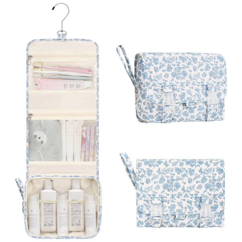 Relavel Small Hanging Toiletry Bag for Men and Women, Portable Hanging Organizer for Travel-Sized Shower Dopp Kit, Waterproof Toiletries Organizer with 3 Compartments for Outdoor - Blue Flower - Image 1