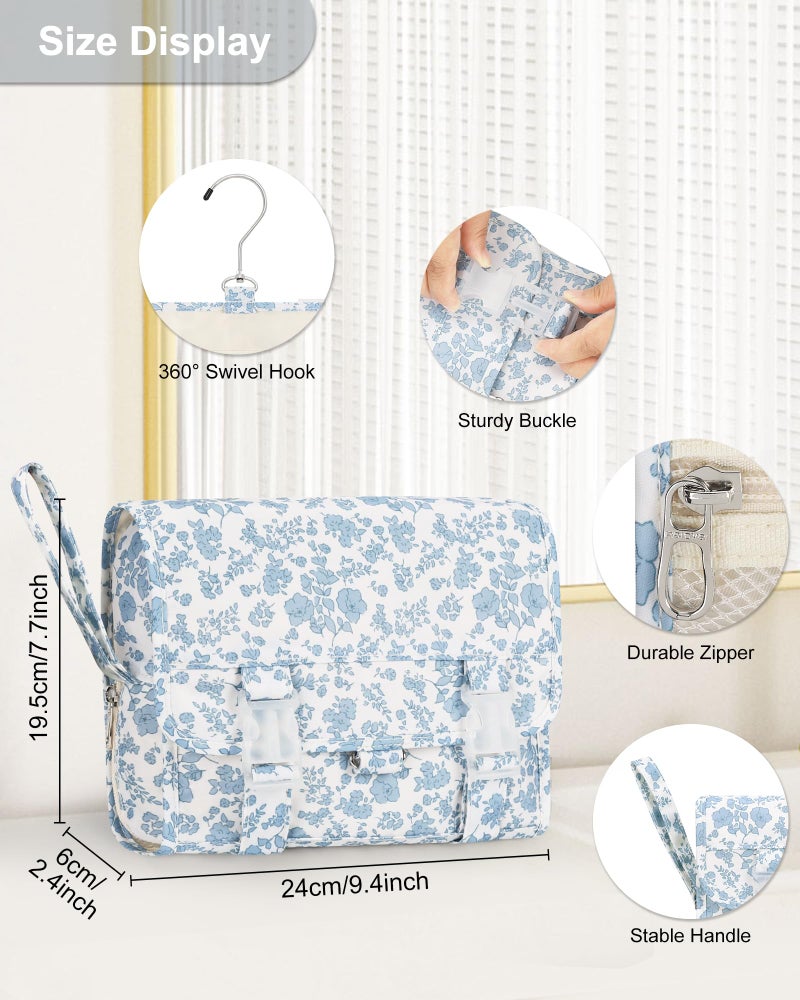 Relavel Small Hanging Toiletry Bag for Men and Women, Portable Hanging Organizer for Travel-Sized Shower Dopp Kit, Waterproof Toiletries Organizer with 3 Compartments for Outdoor - Blue Flower - Image 2