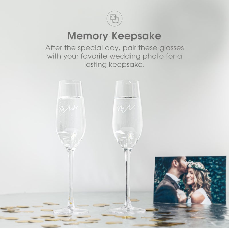 Pearhead Mr. & Mrs. Champagne Flute Set - Elegant His and Hers Wedding Toasting Glasses for Unforgettable Celebrations, Bridal Shower and Registry Idea, Tall Wine Glasses for Bride and Groom - Image 4