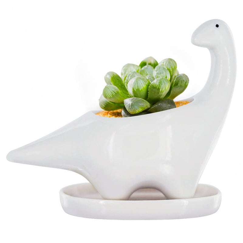 GeLive White Dinosaur Ceramic Succulent Planter Flower Plant Pot Window Box with Saucer Cartoon Animal Decor, 5 Inch, Indoor Outdoor - Image 1
