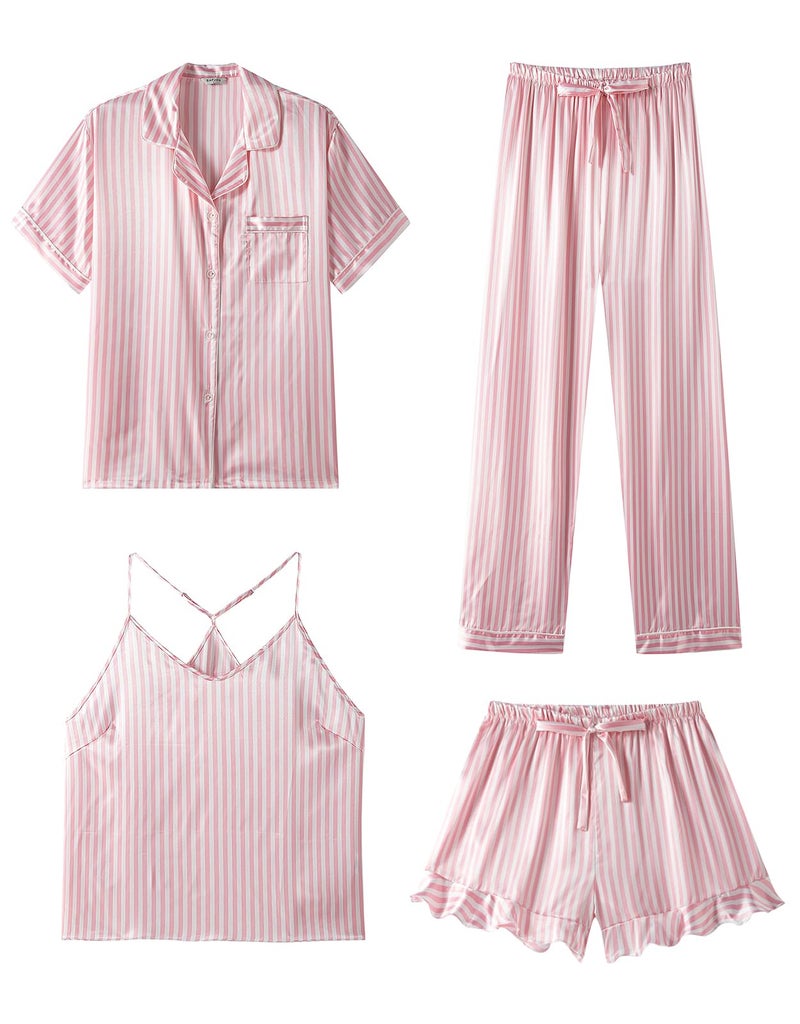 SAPJON Silk Pajamas for Women Set 4Pcs Ruffled Satin Pajamas Set Button Down Short Sleeve Cami Shorts Sleepwear Pj Set - Image 1