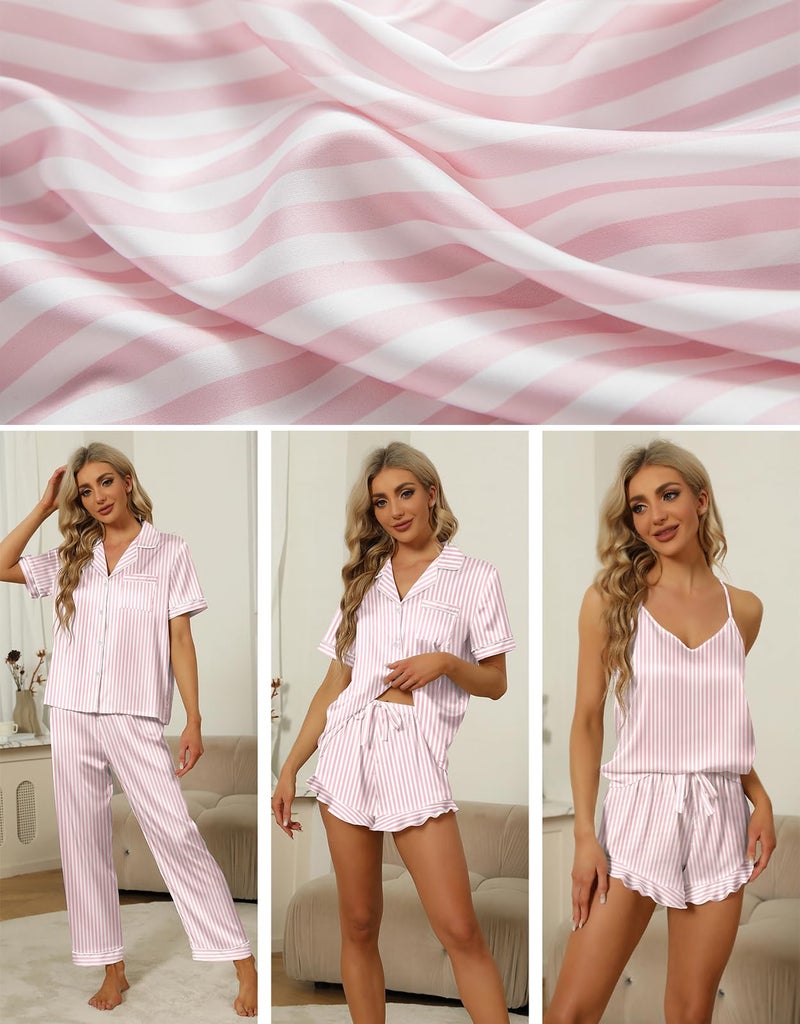 SAPJON Silk Pajamas for Women Set 4Pcs Ruffled Satin Pajamas Set Button Down Short Sleeve Cami Shorts Sleepwear Pj Set - Image 2