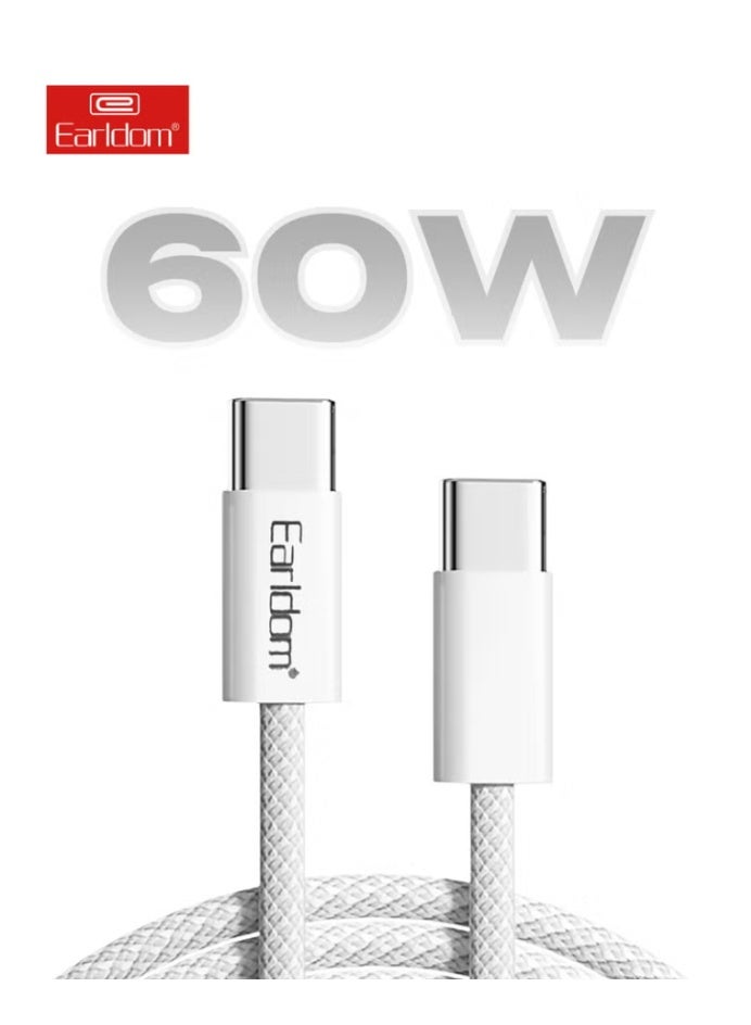 Earldom White Braided USB C Cable 60W 1 Meter, Fast Charging Type C to Type C Cable, Durable Nylon Braided Charging Cable for Laptop, Tablet, Smartphone, MacBook Air, iPad and Samsung Devices - Image 1