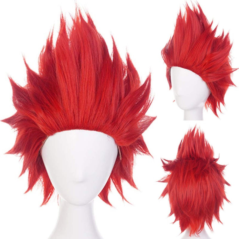 ANOGOL Hair Cap Short Red Anime Cosplay Wig Angry Wig Synthetic Red Crazy Hair Angry Outfit Short Spiky Wigs for Men Halloween Christmas Party Costume