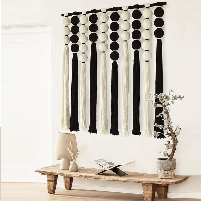 IOWER Large Macrame Wall Hanging Macrame Wall Decor Black and White Sphericity Cotton Textile Wall Hanging Boho Wall Decor Art Fiber Yarn Art Handmade 39" Wx39 L - Image 4
