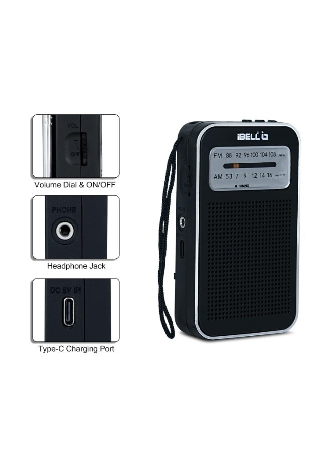 iBELL FM720BT Portable Pocket FM Radio with Bluetooth Speaker, USB/SD MP3 Player, Rechargeable with Type C Port, 2 Band (Black) - Image 2