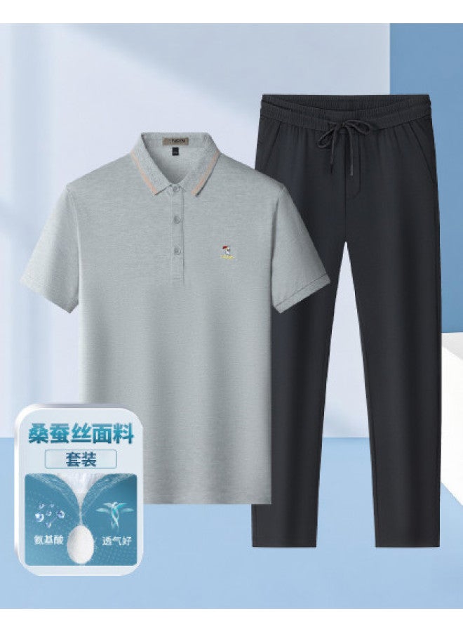 Tucano Mulberry Silk Summer Short-sleeve Polo Shirt + Ice Silk Casual Pants Loose Versatile Dad Men's Suit - Image 1