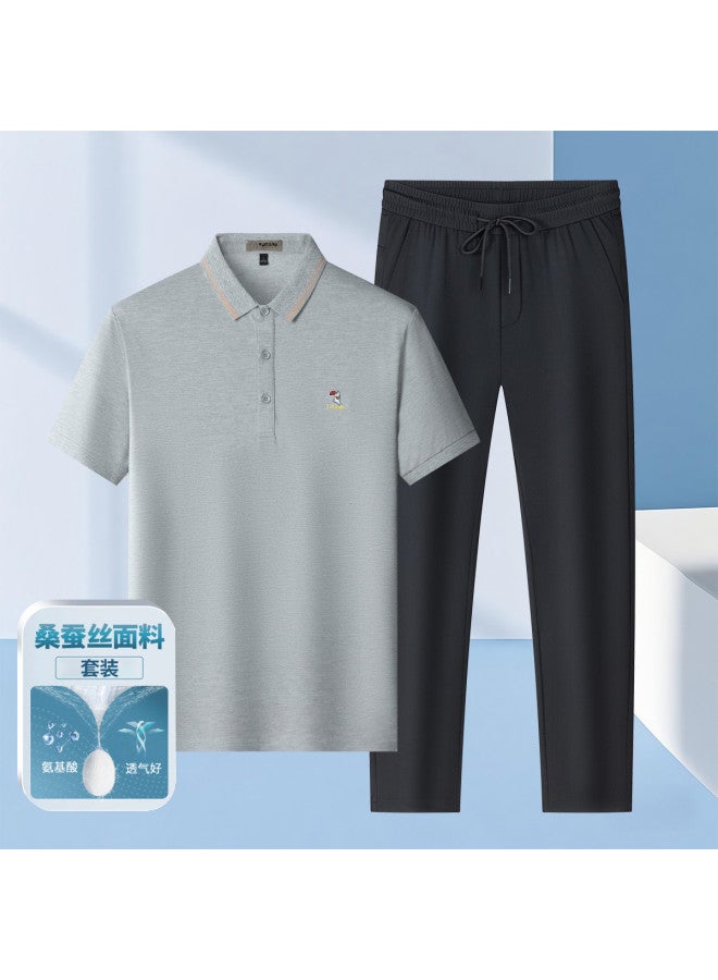 Tucano Mulberry Silk Summer Short-sleeve Polo Shirt + Ice Silk Casual Pants Loose Versatile Dad Men's Suit - Image 2
