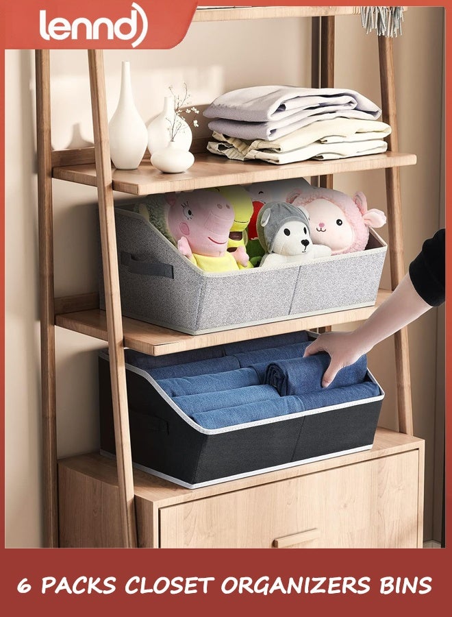 لينند صناديق تنظيم الخزائن (عبوة من 6 قطع) - منظم رفوف خزانة كبير بمقابض، صناديق تخزين قماشية شبه منحرفة، مكعبات تخزين قابلة للطي للملابس والمناشف، رمادي فاتح - Image 3