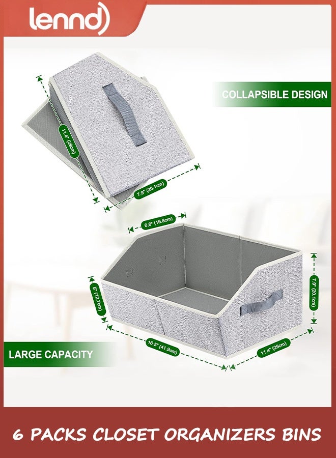 لينند صناديق تنظيم الخزائن (عبوة من 6 قطع) - منظم رفوف خزانة كبير بمقابض، صناديق تخزين قماشية شبه منحرفة، مكعبات تخزين قابلة للطي للملابس والمناشف، رمادي فاتح - Image 4