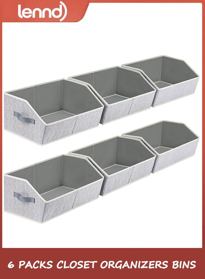 لينند صناديق تنظيم الخزائن (عبوة من 6 قطع) - منظم رفوف خزانة كبير بمقابض، صناديق تخزين قماشية شبه منحرفة، مكعبات تخزين قابلة للطي للملابس والمناشف، رمادي فاتح - Image 1