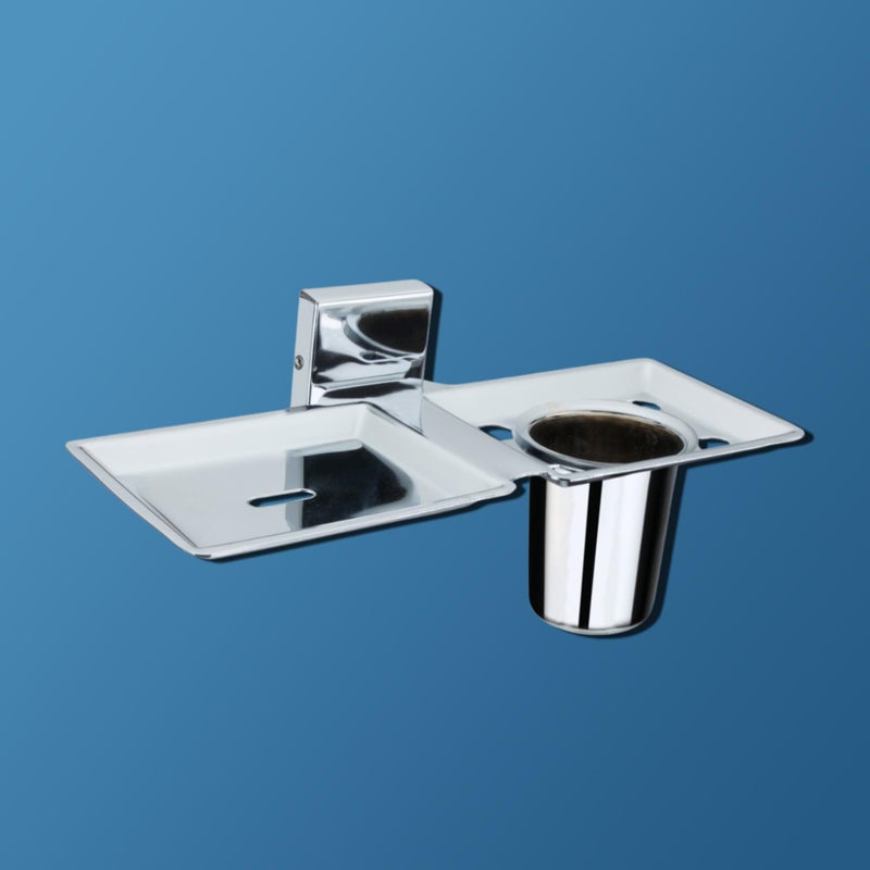 DDECOY Bath Accessories Stainless Steel Edin Square 2 in 1 Soap Dish and Tumbler/Glass/Toothbrush Holder Soap Dish with Tumbler Holder/Soap Stand/Glass Toothbrush Holder - Image 1