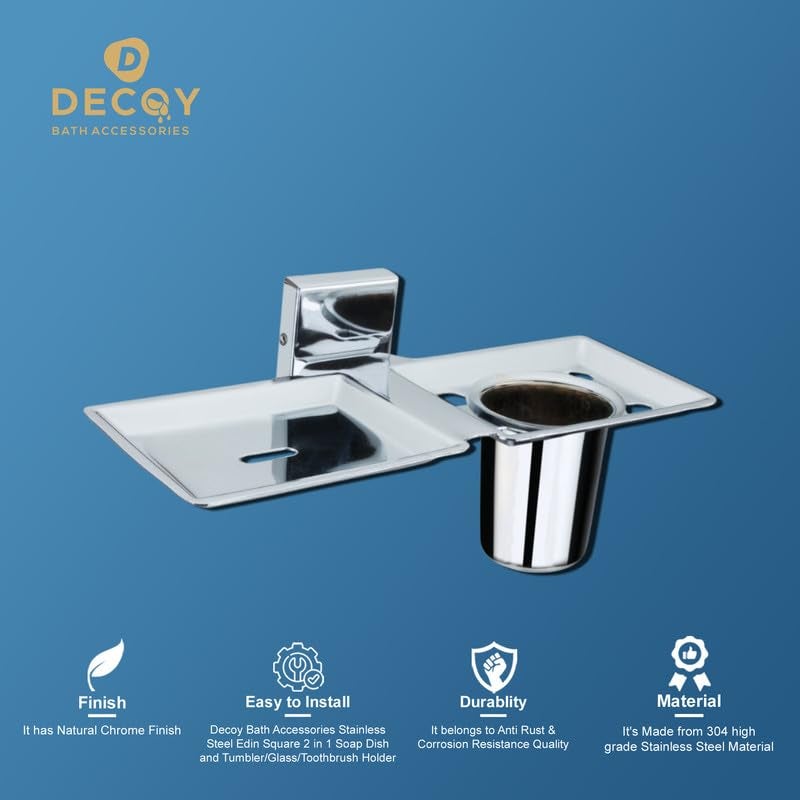 DDECOY Bath Accessories Stainless Steel Edin Square 2 in 1 Soap Dish and Tumbler/Glass/Toothbrush Holder Soap Dish with Tumbler Holder/Soap Stand/Glass Toothbrush Holder - Image 4