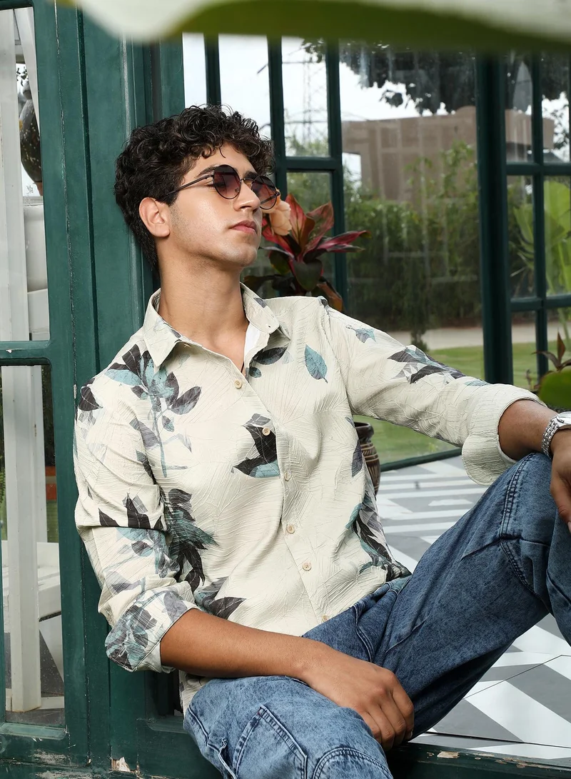 Campus Sutra Campus Sutra Men's Green & Beige Imprinted Foliage Textured Shirt | Spread Collar , Long Cuffed Sleeve , Button Closure , Curved Hem | Botanical Print Textured | Polyester Blend Shirt For Casual Wear