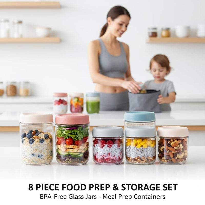 ColoVie 8 Pack Overnight Oats Containers with Lids, Chia Seed Pudding Jars, Stackable Mason Jars with Airtight Lids, Meal Prep, Wide Mouth Glass Food Storage for Snacks Yogurt Spice Sugar, 16oz 10 oz - Image 5