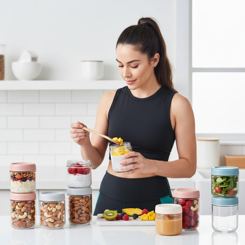 ColoVie 8 Pack Overnight Oats Containers with Lids, Chia Seed Pudding Jars, Stackable Mason Jars with Airtight Lids, Meal Prep, Wide Mouth Glass Food Storage for Snacks Yogurt Spice Sugar, 16oz 10 oz - Image 4