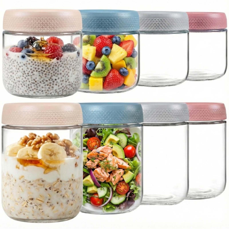 ColoVie 8 Pack Overnight Oats Containers with Lids, Chia Seed Pudding Jars, Stackable Mason Jars with Airtight Lids, Meal Prep, Wide Mouth Glass Food Storage for Snacks Yogurt Spice Sugar, 16oz 10 oz - Image 1
