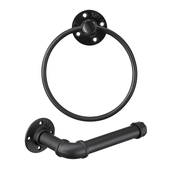 INDUSTRIAL BLACK TOILET PAPER HOLDER AND TOWEL RING BATHROOM HARDWARE SET WALL MOUNTED HARDWARE ACCESSORIES INCLUDES PIPE TOWEL RACK TOWEL RING MATTE BLACK IRON FINISH FOR BATHROOM 2PCS