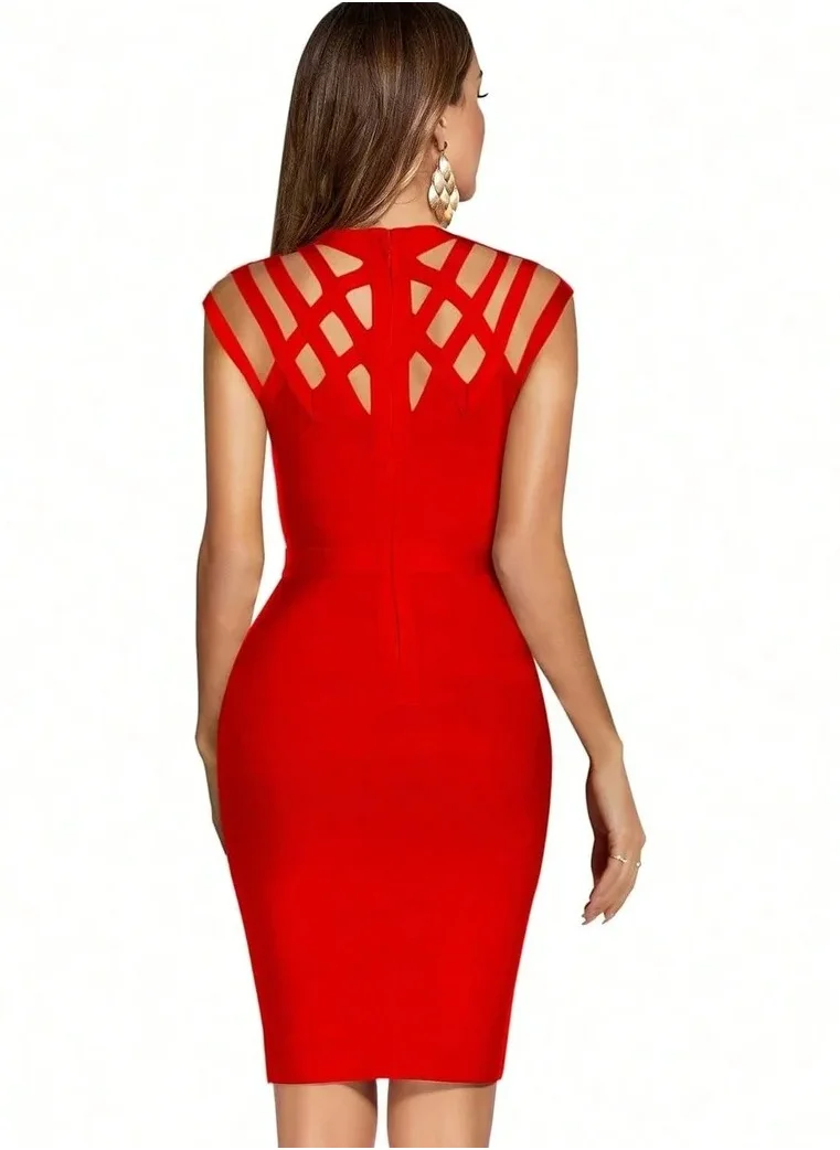 مدام يونيك Women's Red Hollow Out Bandage Party Dress Sleeveless High Neck Bodycon Dresses Club
