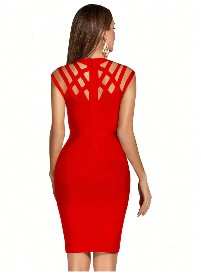 مدام يونيك Women's Red Hollow Out Bandage Party Dress Sleeveless High Neck Bodycon Dresses Club