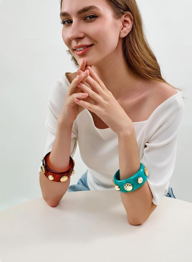 WOWORAMA Chunky Resin Bangles Bracelet for Women Chunky Seashell Acrylic Bangles Blue Ocean Sea Shell Resin Bracelet Bold Statement Acetate Plastic Bracelets - Image 5
