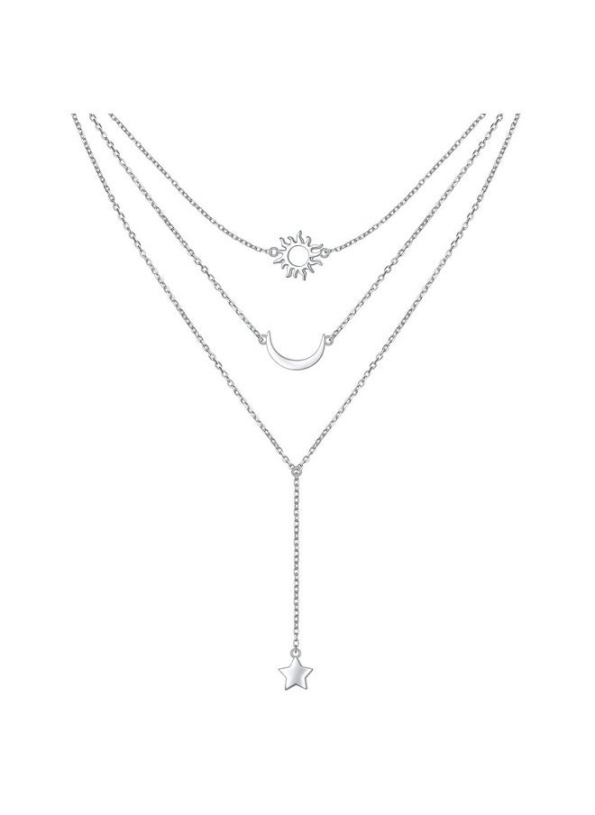 DAOCHONG - S925 Sterling Silver Multilayer Layered 3 Triple Long Y Chain Pendant Necklace For Women Sun Moon Star Jewelry Set - Image 1