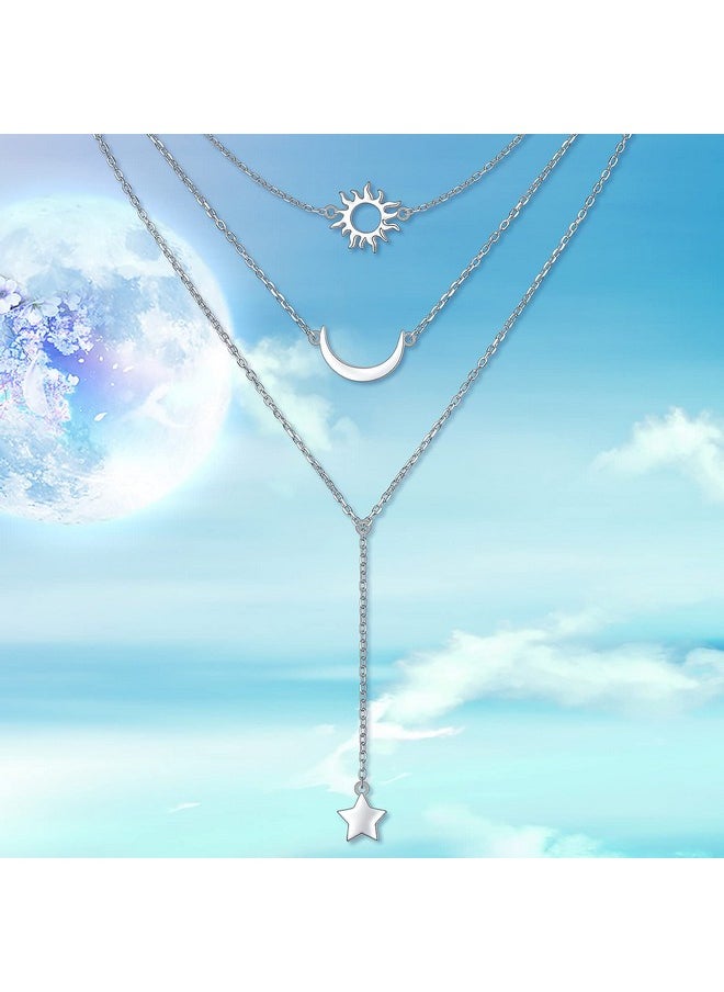 DAOCHONG - S925 Sterling Silver Multilayer Layered 3 Triple Long Y Chain Pendant Necklace For Women Sun Moon Star Jewelry Set - Image 1