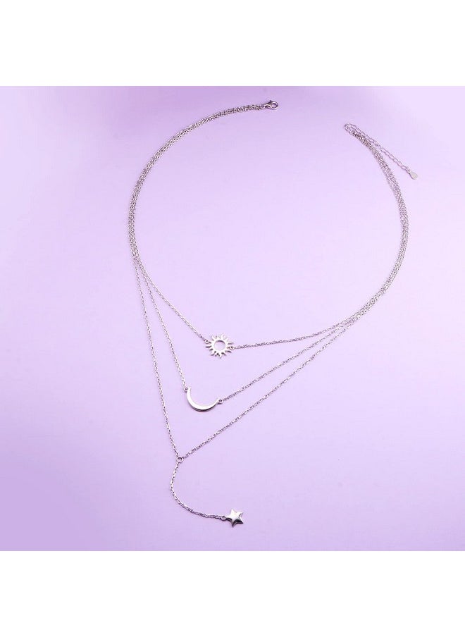 DAOCHONG - S925 Sterling Silver Multilayer Layered 3 Triple Long Y Chain Pendant Necklace For Women Sun Moon Star Jewelry Set - Image 1