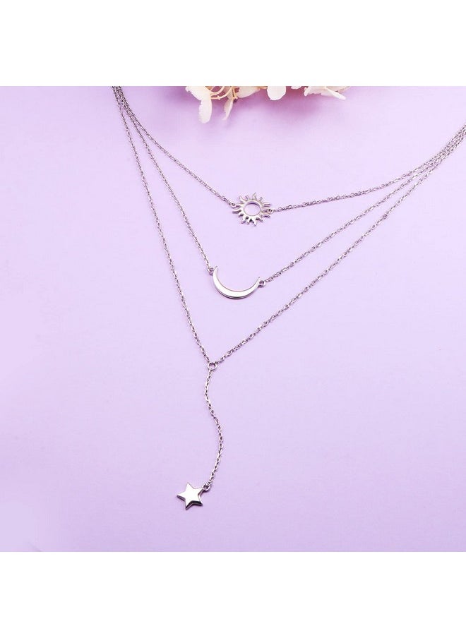 DAOCHONG - S925 Sterling Silver Multilayer Layered 3 Triple Long Y Chain Pendant Necklace For Women Sun Moon Star Jewelry Set - Image 1