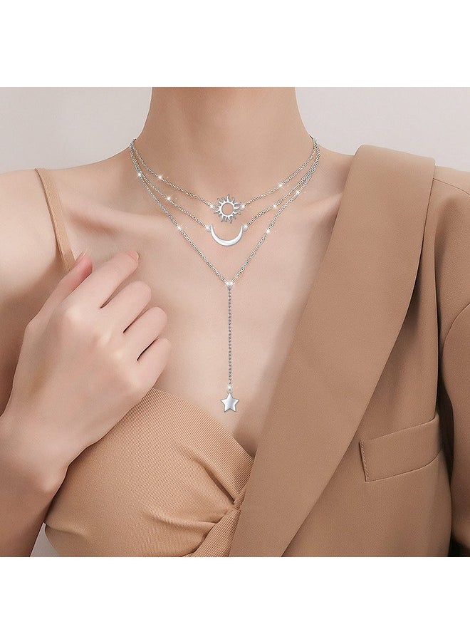 DAOCHONG - S925 Sterling Silver Multilayer Layered 3 Triple Long Y Chain Pendant Necklace For Women Sun Moon Star Jewelry Set - Image 1