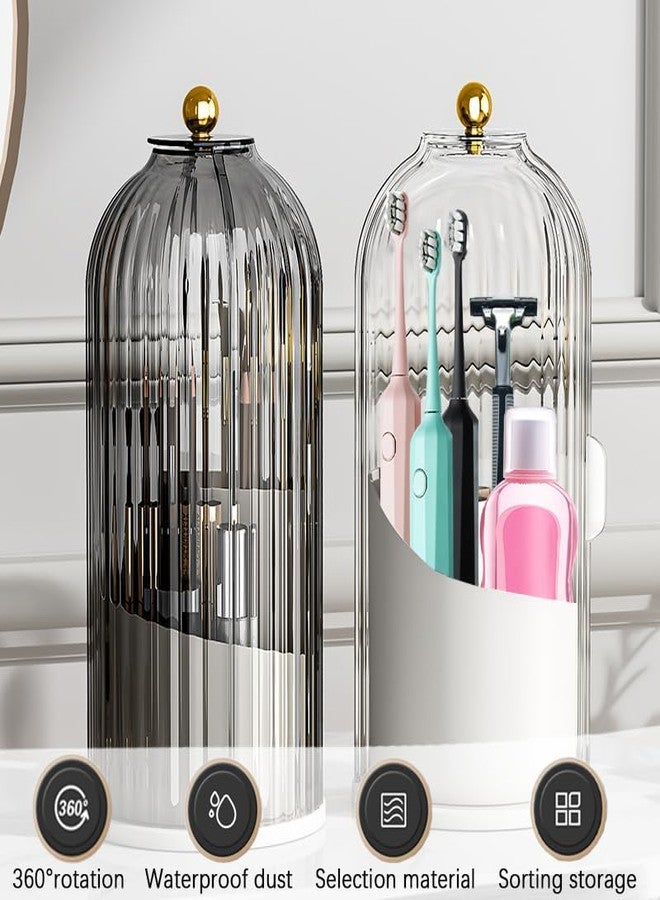 Wekity Toothbrush Holder with Sliding Lid, 360° Rotating Dust-Proof Tooth Brush Toothpaste Holder with 3 Compartments, Sturdy Base & Carry Handle Countertop Organizer for Vanity Makeup Brushes Holder (Grey) - Image 2