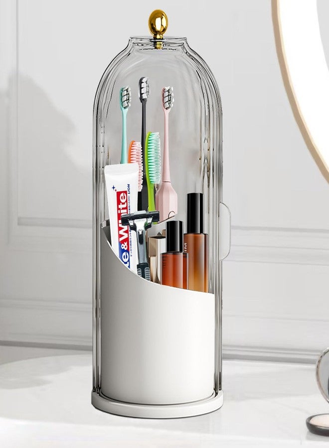 Wekity Toothbrush Holder with Sliding Lid, 360° Rotating Dust-Proof Tooth Brush Toothpaste Holder with 3 Compartments, Sturdy Base & Carry Handle Countertop Organizer for Vanity Makeup Brushes Holder (Grey) - Image 1