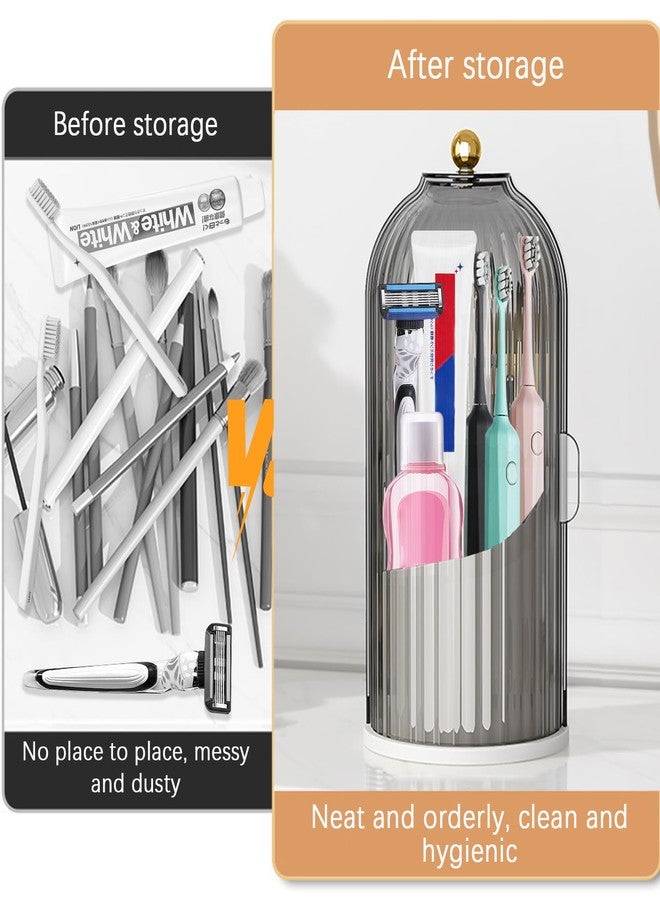 Wekity Toothbrush Holder with Sliding Lid, 360° Rotating Dust-Proof Tooth Brush Toothpaste Holder with 3 Compartments, Sturdy Base & Carry Handle Countertop Organizer for Vanity Makeup Brushes Holder (Grey) - Image 3