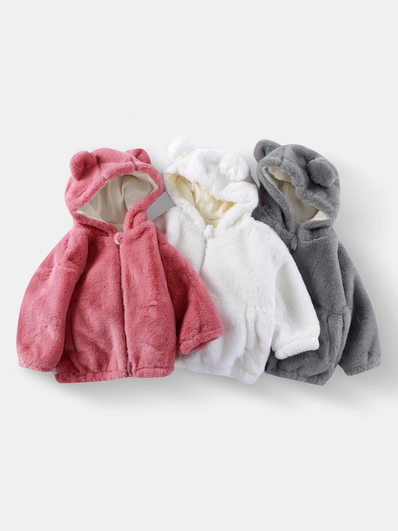 Kids' Hooded Plush Jacket – Unisex Zippered Solid Color Rabbit Ear Design for Ages 3-8 - Image 2