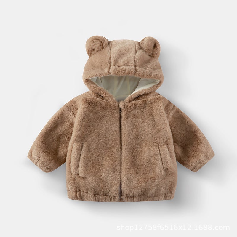 Kids' Hooded Plush Jacket – Unisex Zippered Solid Color Rabbit Ear Design for Ages 3-8 - Image 1