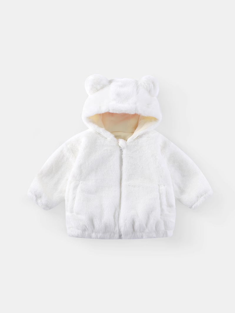 Kids' Hooded Plush Jacket – Unisex Zippered Solid Color Rabbit Ear Design for Ages 3-8 - Image 3
