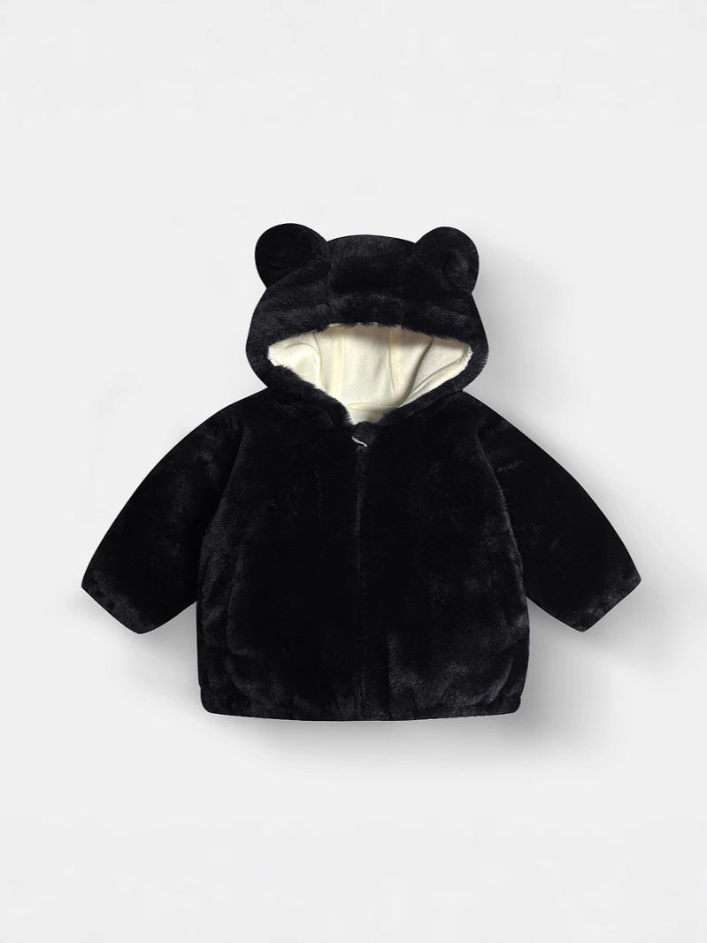 Kids' Hooded Plush Jacket – Unisex Zippered Solid Color Rabbit Ear Design for Ages 3-8 - Image 5