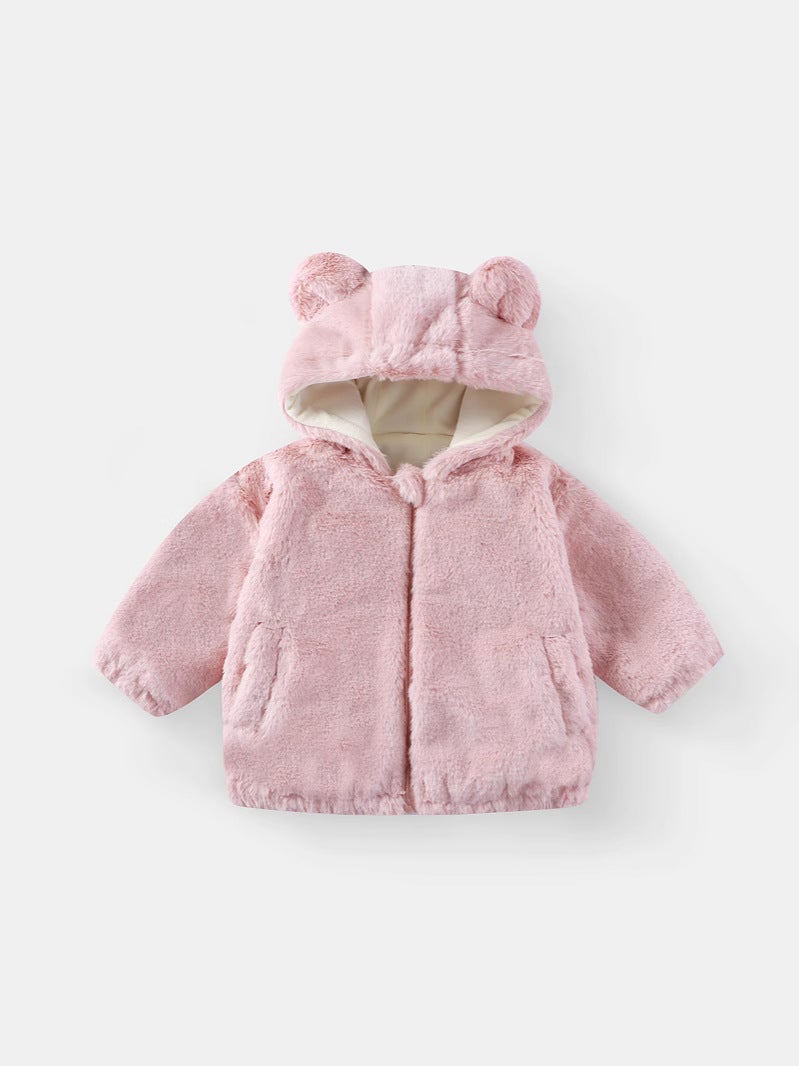 Kids' Hooded Plush Jacket – Unisex Zippered Solid Color Rabbit Ear Design for Ages 3-8 - Image 4