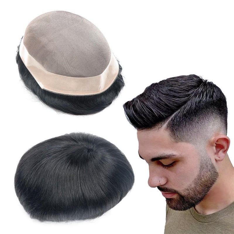 lumeng Mens Toupee Wigs for Men Hairpiece Male Hair Unit Mono Lace with PU Reinforce Around 100% Human Hair Mans Replacement Bolding Man Lace Systems 8x10 Inch 1# Jet Black - Image 1