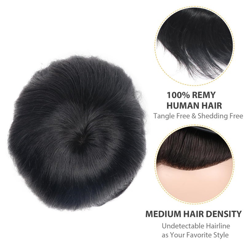 lumeng Mens Toupee Wigs for Men Hairpiece Male Hair Unit Mono Lace with PU Reinforce Around 100% Human Hair Mans Replacement Bolding Man Lace Systems 8x10 Inch 1# Jet Black - Image 2