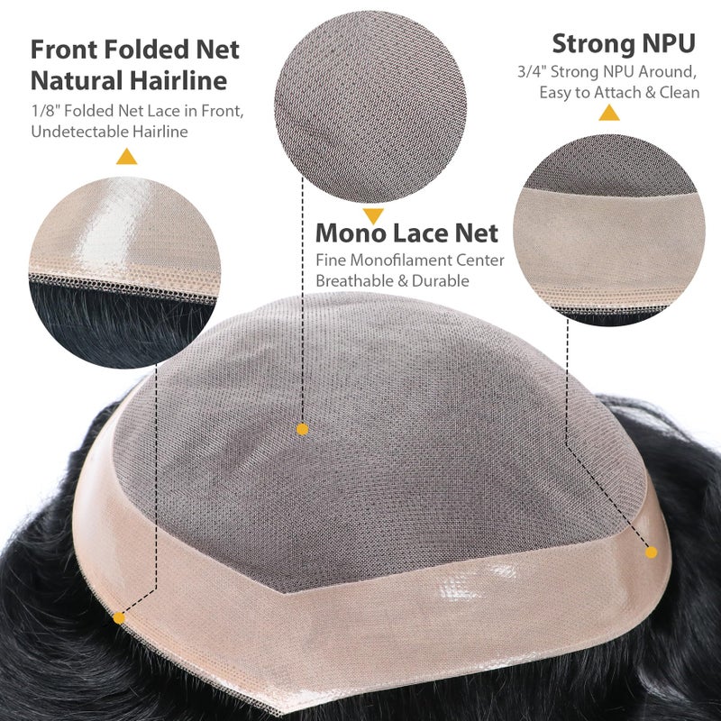 lumeng Mens Toupee Wigs for Men Hairpiece Male Hair Unit Mono Lace with PU Reinforce Around 100% Human Hair Mans Replacement Bolding Man Lace Systems 8x10 Inch 1# Jet Black - Image 3