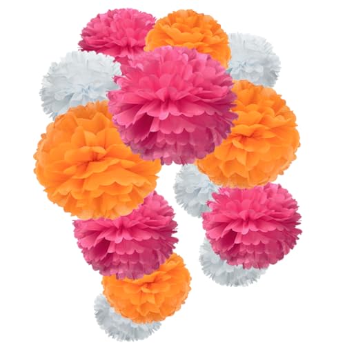 MOWO Hot Pink Orange and White Paper Flower Tissue Pom Poms for Fall Autumn Thanks Giving Baby Shower Graduation Birthday Theme Party 12pc - Image 1
